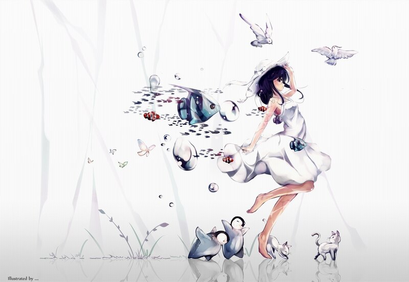 Girl in White Dress — Serene, Digital Art, Birds, Fish