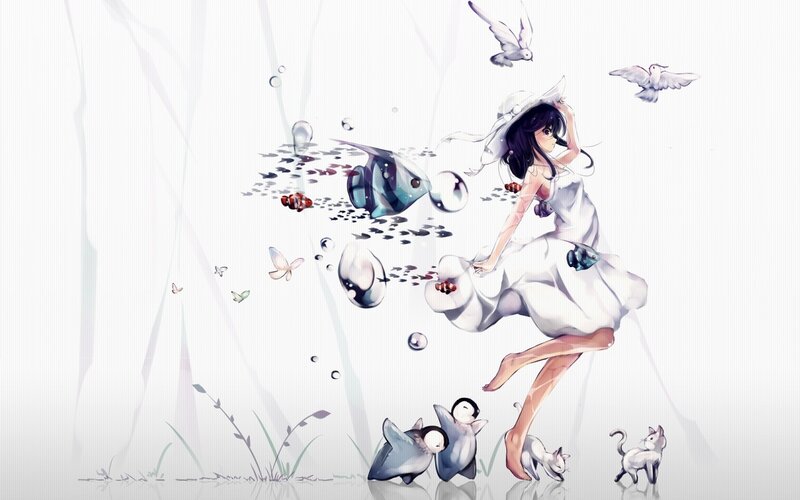 Girl in White Dress — Serene, Digital Art, Birds