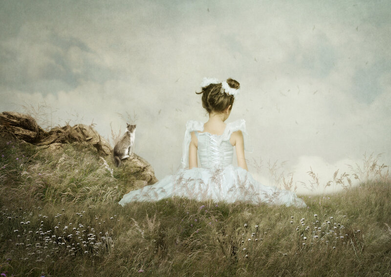 Girl in White Dress — Serene, Digital Art, Cat