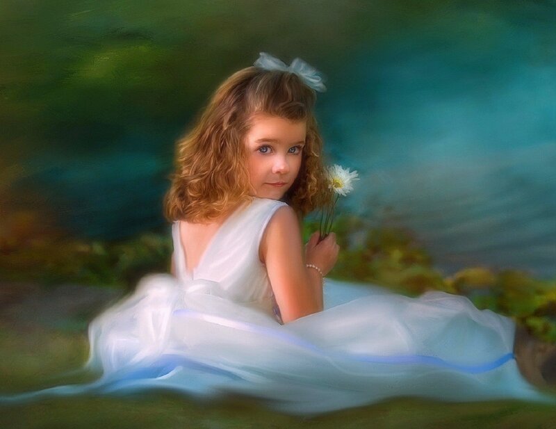 Girl in White Dress — Serene, Digital Art, Flower, Bow
