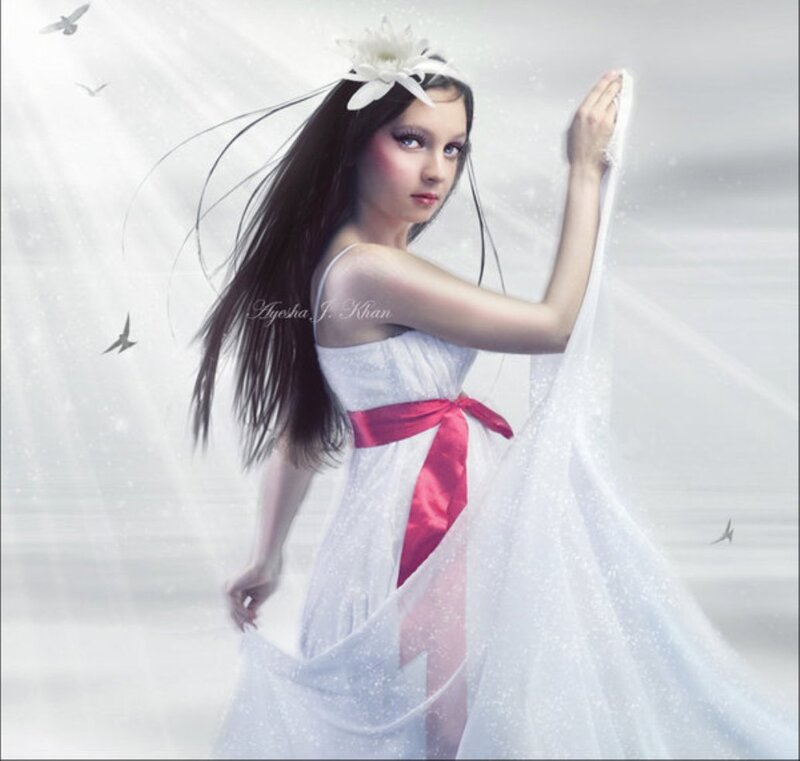 Girl in White Dress — Serene, Digital Art, Flower