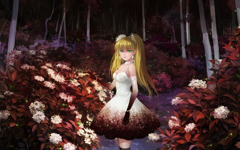 Girl in White Dress — Serene, Night, Anime, Forest