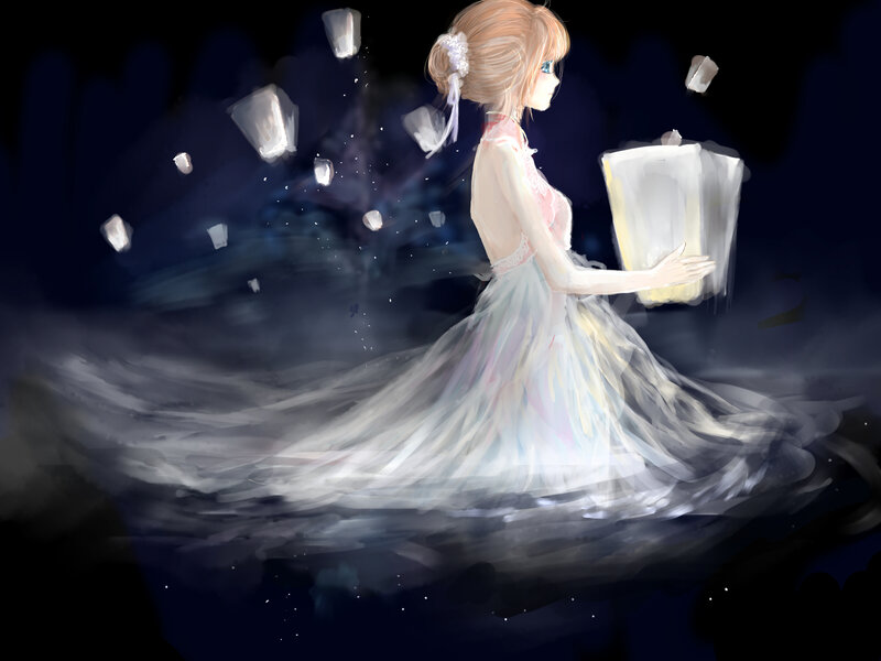 Girl in White Dress — Serene, Night, Digital Art, Lanterns