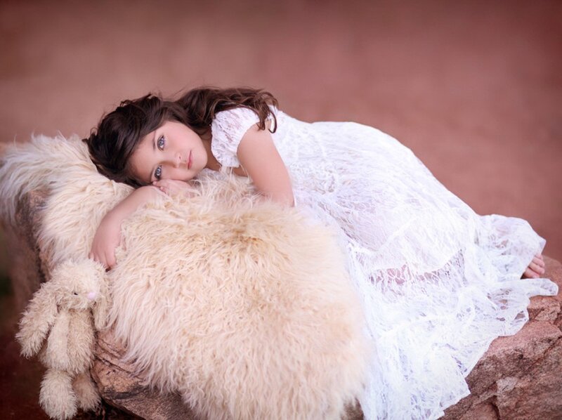 Girl in White Dress — Serene, Photograph, Stuffed Rabbit