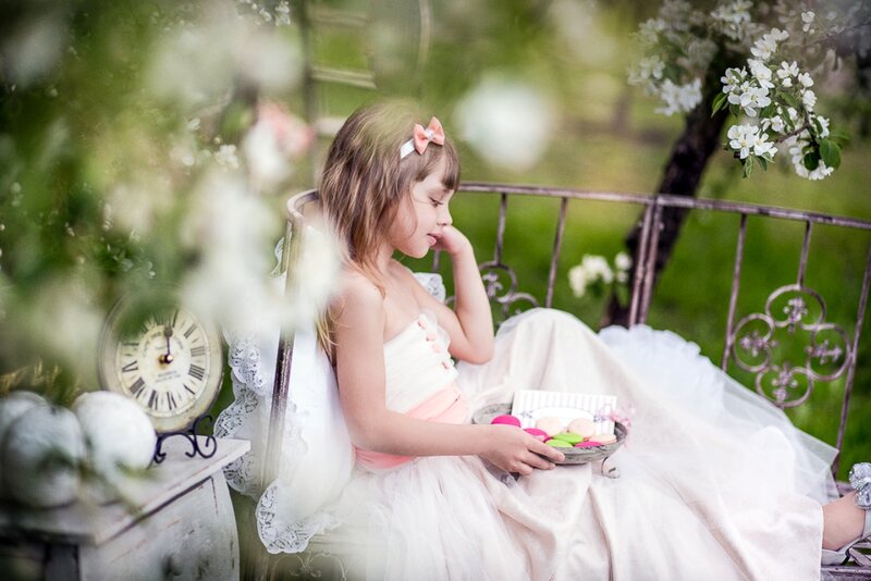Girl in White Dress — Serene, Spring, Photograph, Bench, Macarons