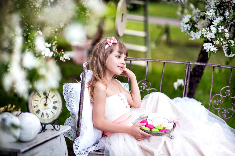 Girl in White Dress — Serene, Spring, Photograph, Bench