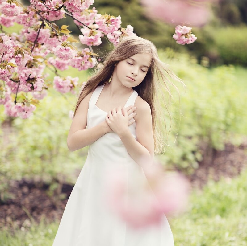 Girl in White Dress — Serene, Spring, Photograph