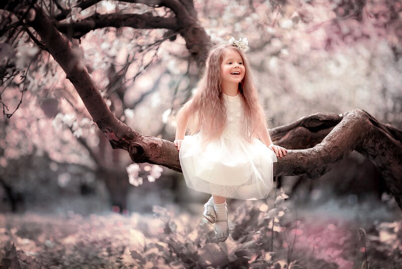 Girl in White Dress — Serene, Spring, Photograph, Tree Branch