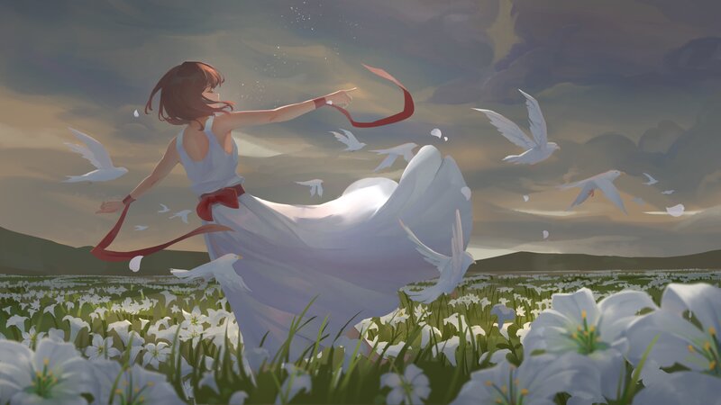 Girl in White Dress — Serene, Sunset, Digital Art