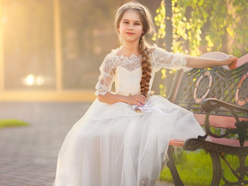 Girl in White Dress — Serene, Sunset, Photograph, Bench