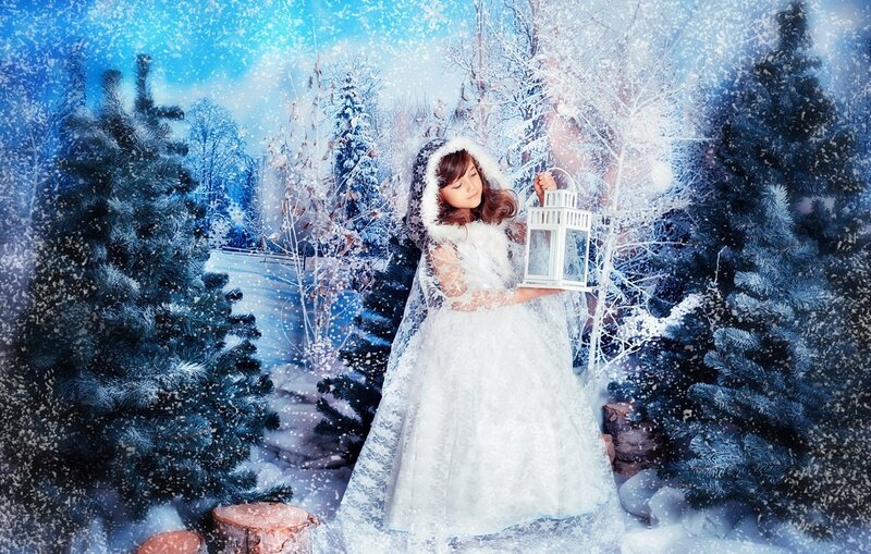 Girl in White Dress — Serene, Winter, Digital Art, Lantern