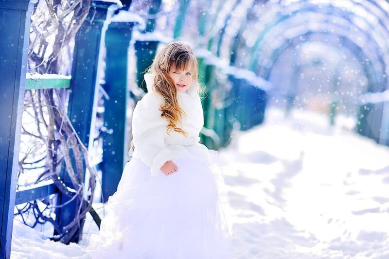 Girl in White Dress — Serene, Winter, Photograph, Snow, Fence