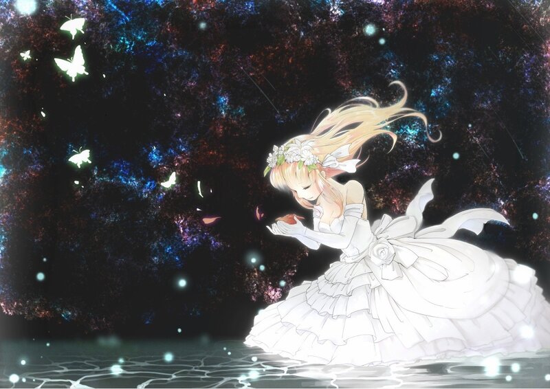 girl in white dress with butterflies