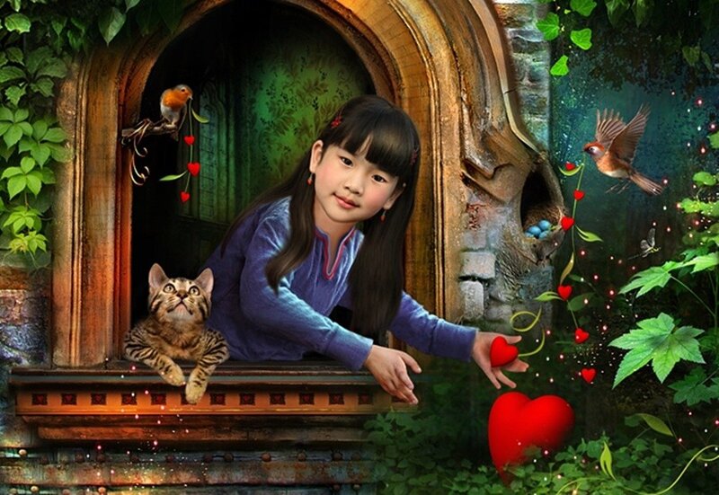 Girl in Window with Cat