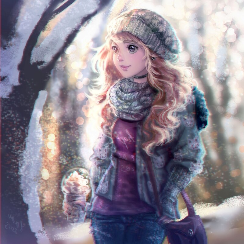 Girl in Winter Coat — Purple, Serene, Digital Art