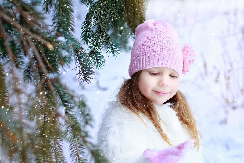 Girl in Winter Coat — White, Serene, Photograph, Snow, Pine Tree, Hat