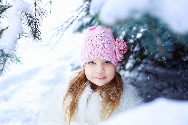 Girl in Winter Coat — White, Serene, Photograph, Snow, Pine Tree