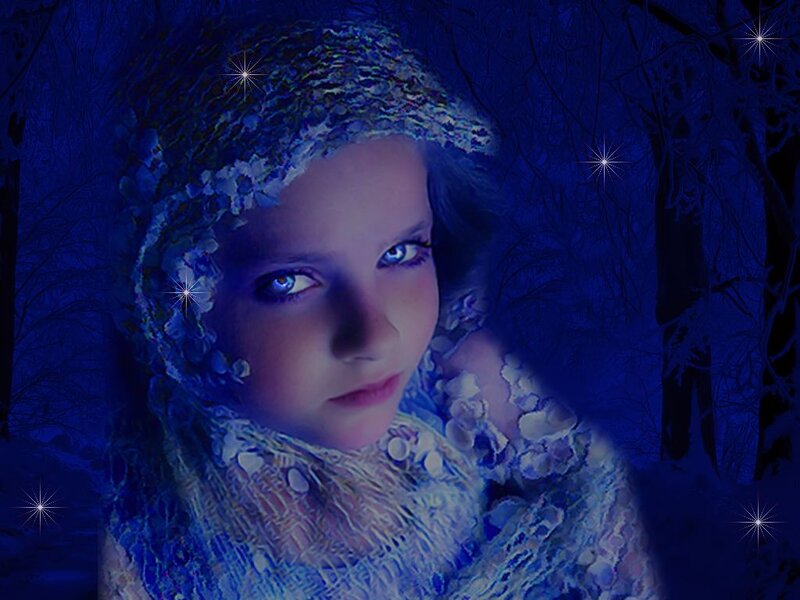 Girl in Winter Forest — Blue, Mystical