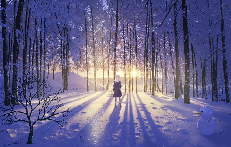 Girl in Winter Forest — Blue, Serene
