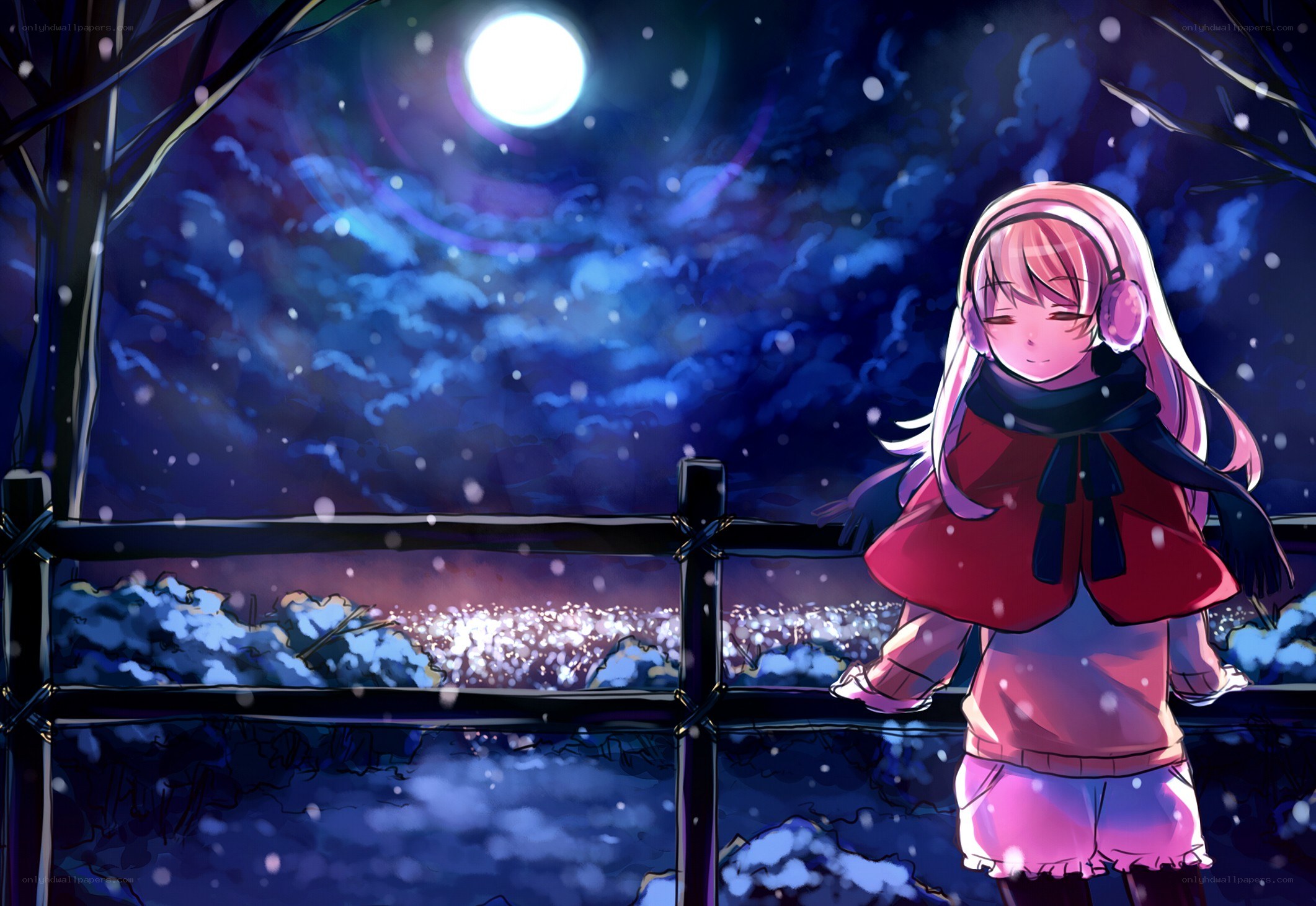 Girl in winter under moonlight