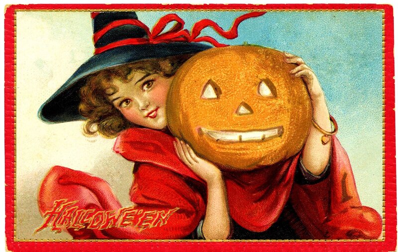 Girl in Witch Costume — Red, Festive, Illustration, Pumpkin