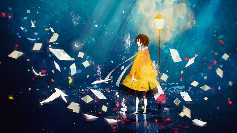 girl in yellow coat with paper birds