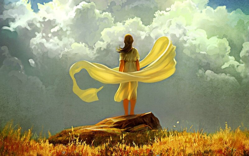 Girl in Yellow Dress — Serene, Afternoon, Digital Art, Clouds, Field, Green