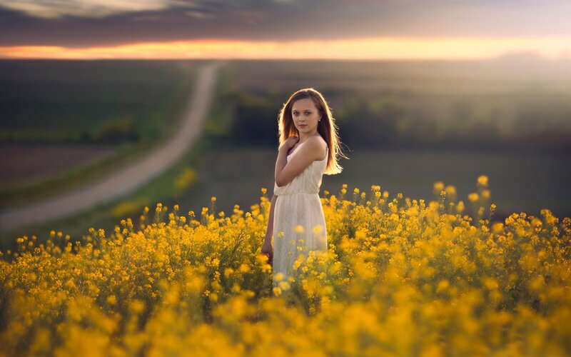 Girl in Yellow Field — Serene, Sunset