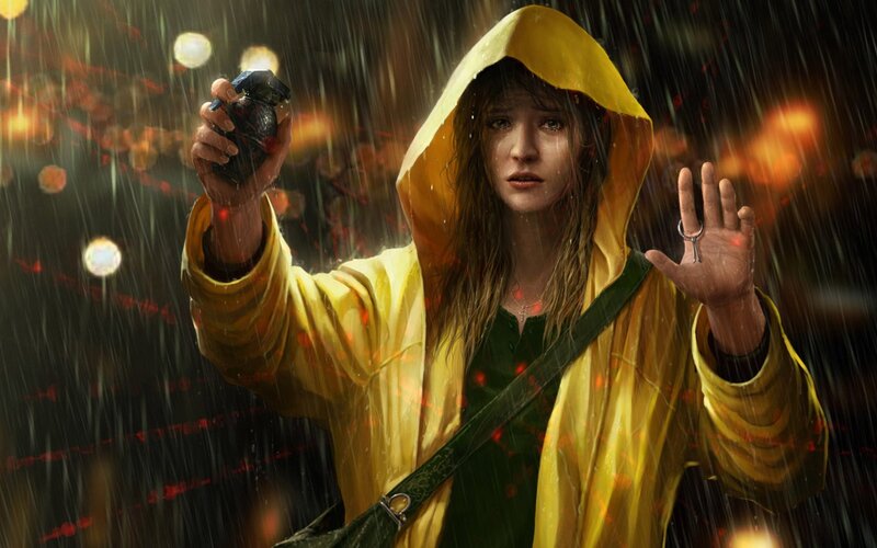 Girl in yellow raincoat holding grenade