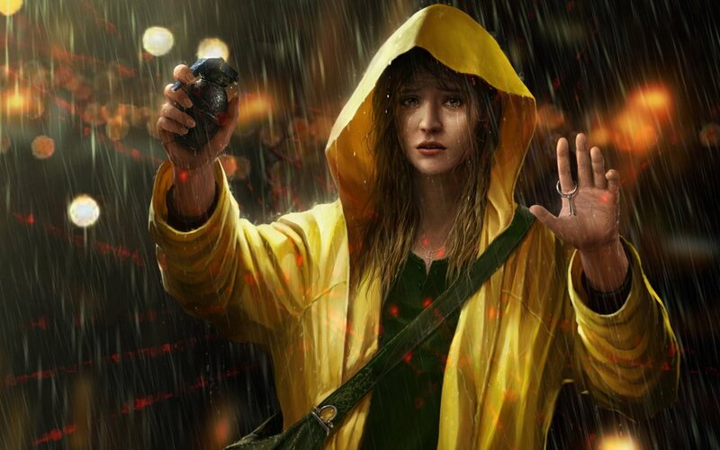 girl in yellow raincoat holding grenade
