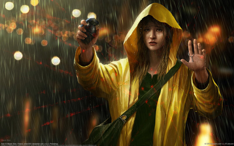 Girl in yellow raincoat holding grenade