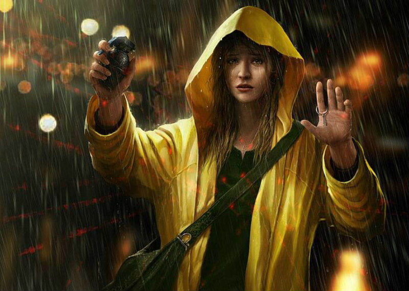 Girl in yellow raincoat holding grenade