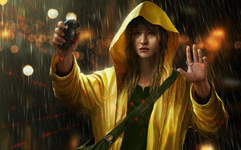 Girl in yellow raincoat with grenade