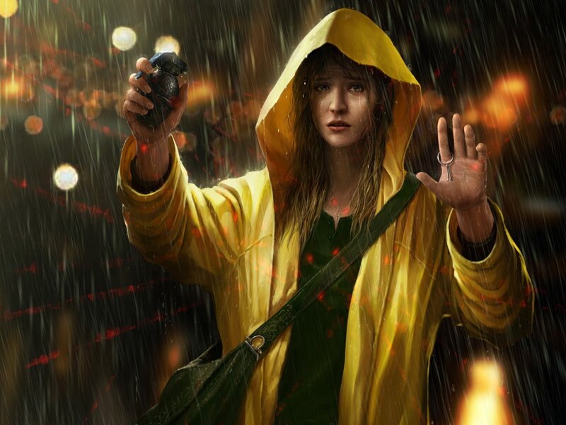 Girl in yellow raincoat with grenade