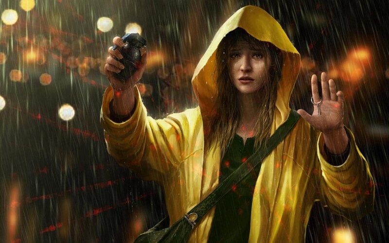 Girl in yellow raincoat with grenade