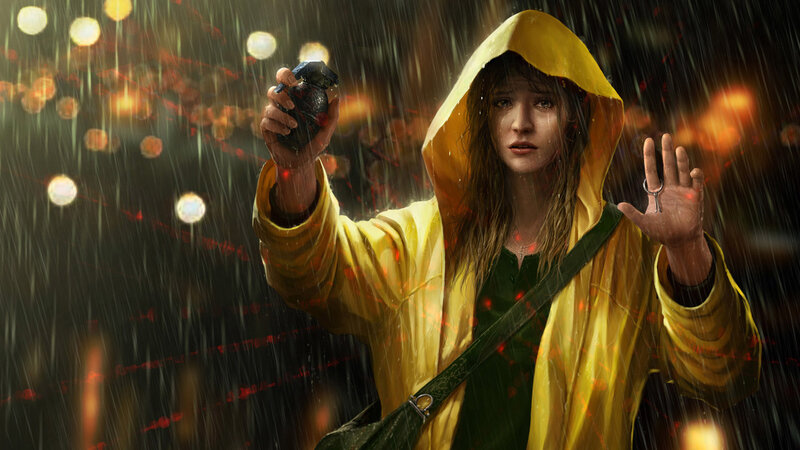 Girl in yellow raincoat with grenade