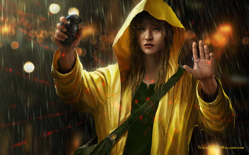 Girl in yellow raincoat with grenade