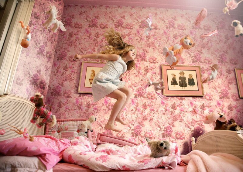 Girl Jumping on Bed — Pink, Playful