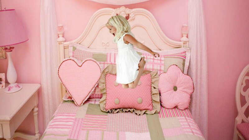 Girl Jumping on Bed — Pink