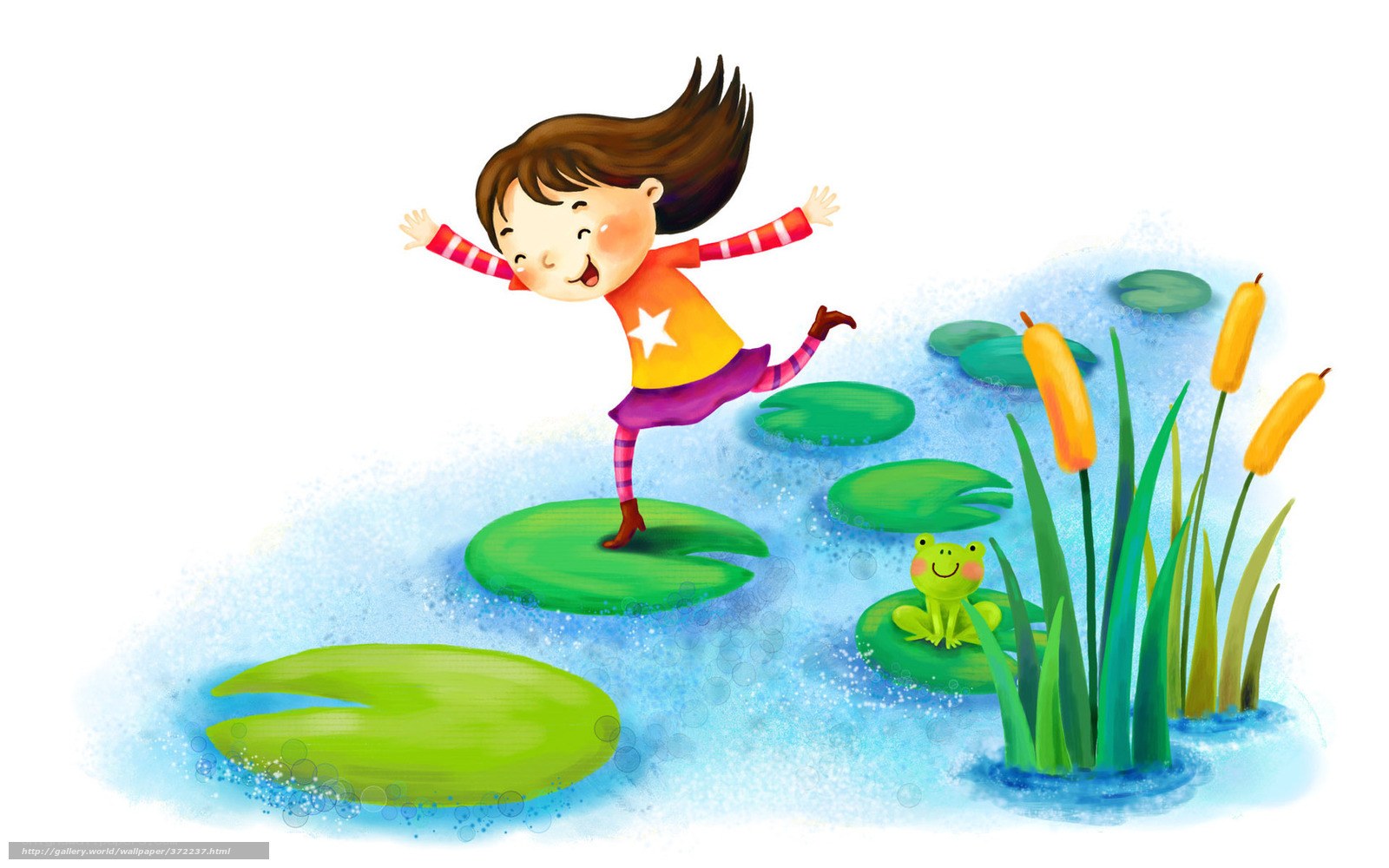 Girl jumping on lily pads