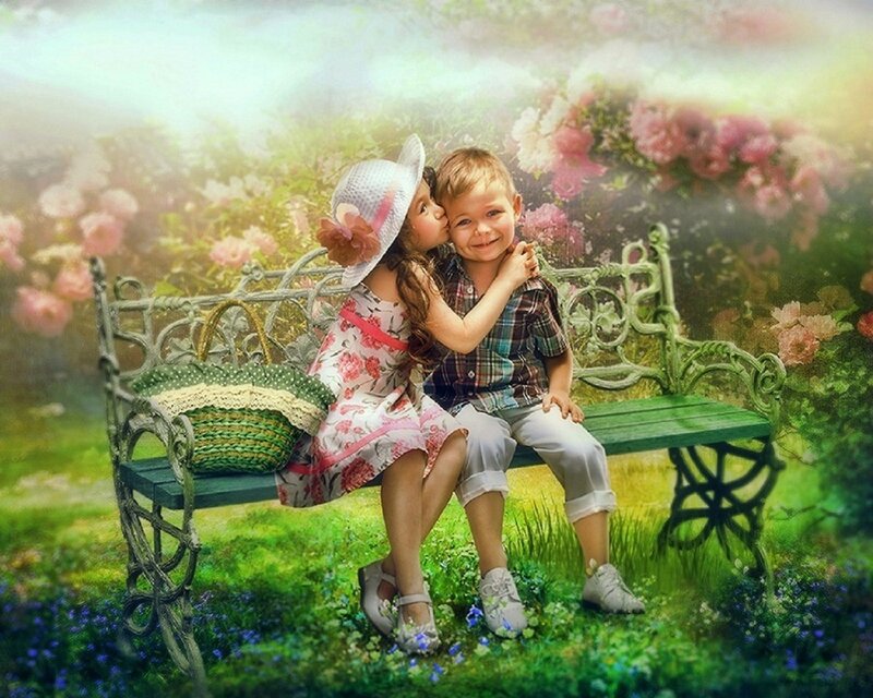 Girl Kissing Boy on Bench