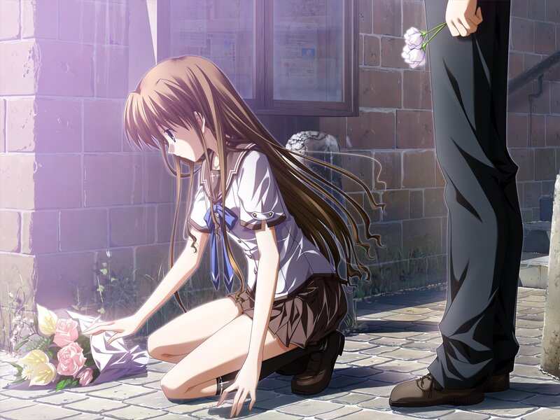 Girl Kneeling with Flowers — Brown