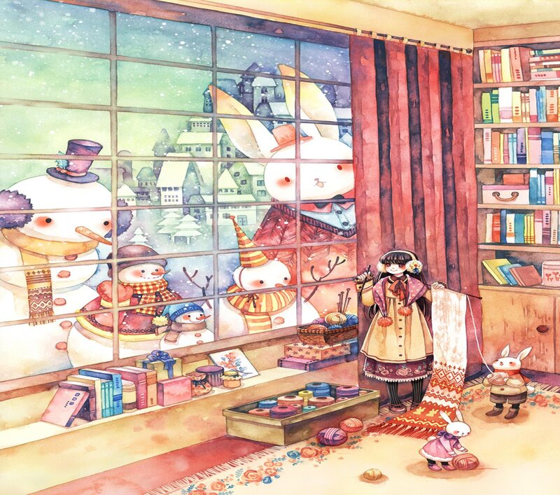 Girl Knitting by Window