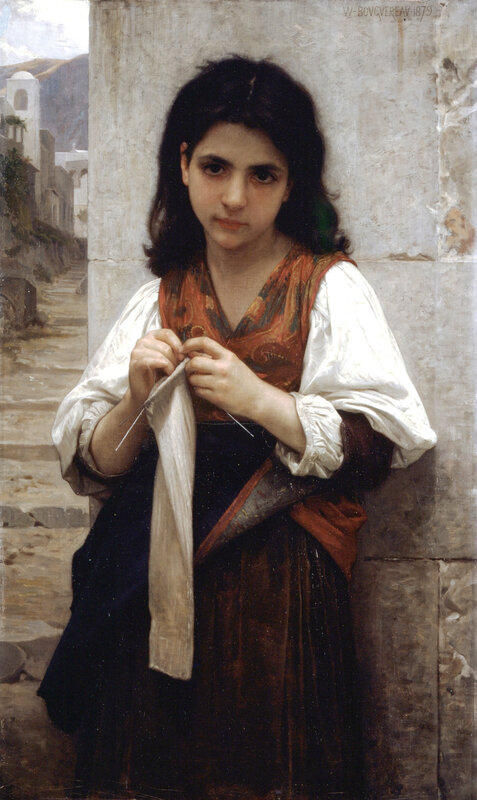 Girl Knitting in a Village