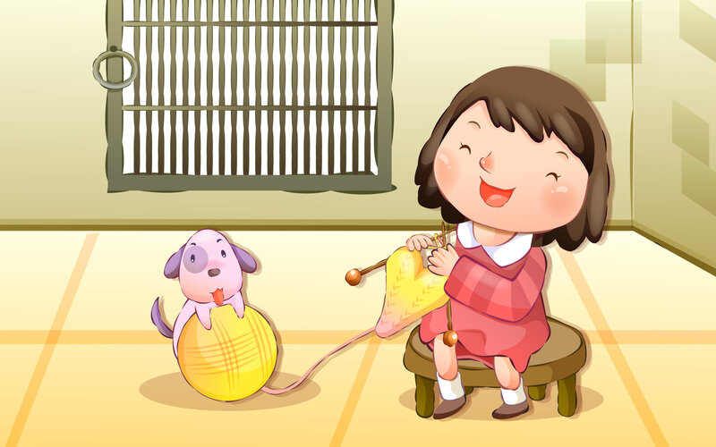 Girl Knitting with Dog