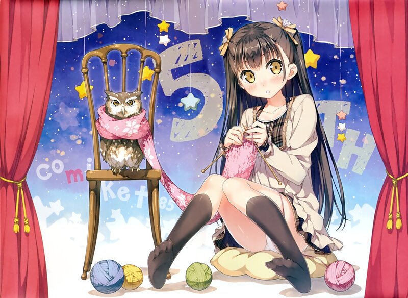 Girl Knitting with Owl