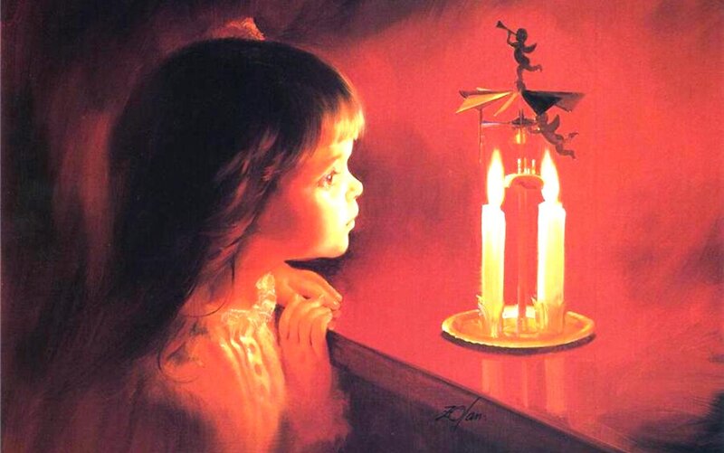 Girl Looking at Candle — Red