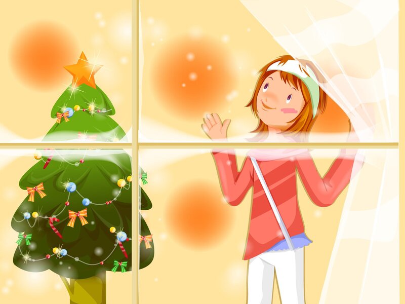 Girl Looking at Christmas Tree — Green, Festive