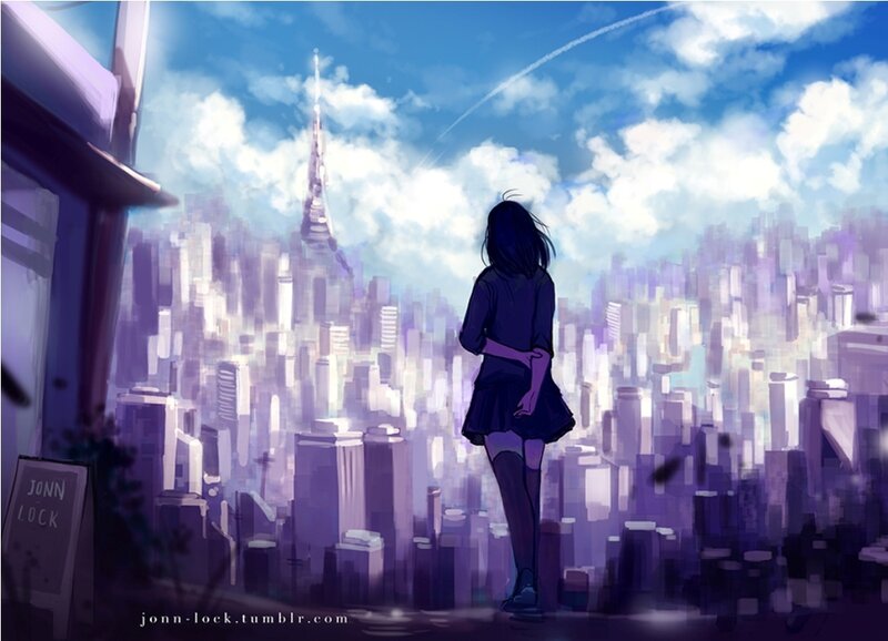 Girl Looking at City — Purple