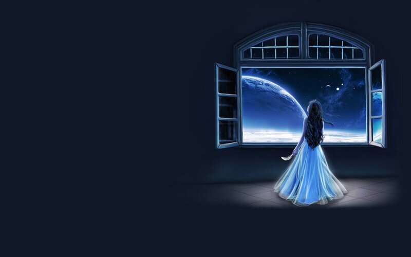 girl looking at planet from window